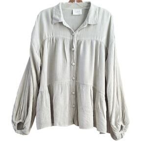 Sabo Blouse SZ M in Light Sage Green Boho Top Lightweight Crepe Button Down